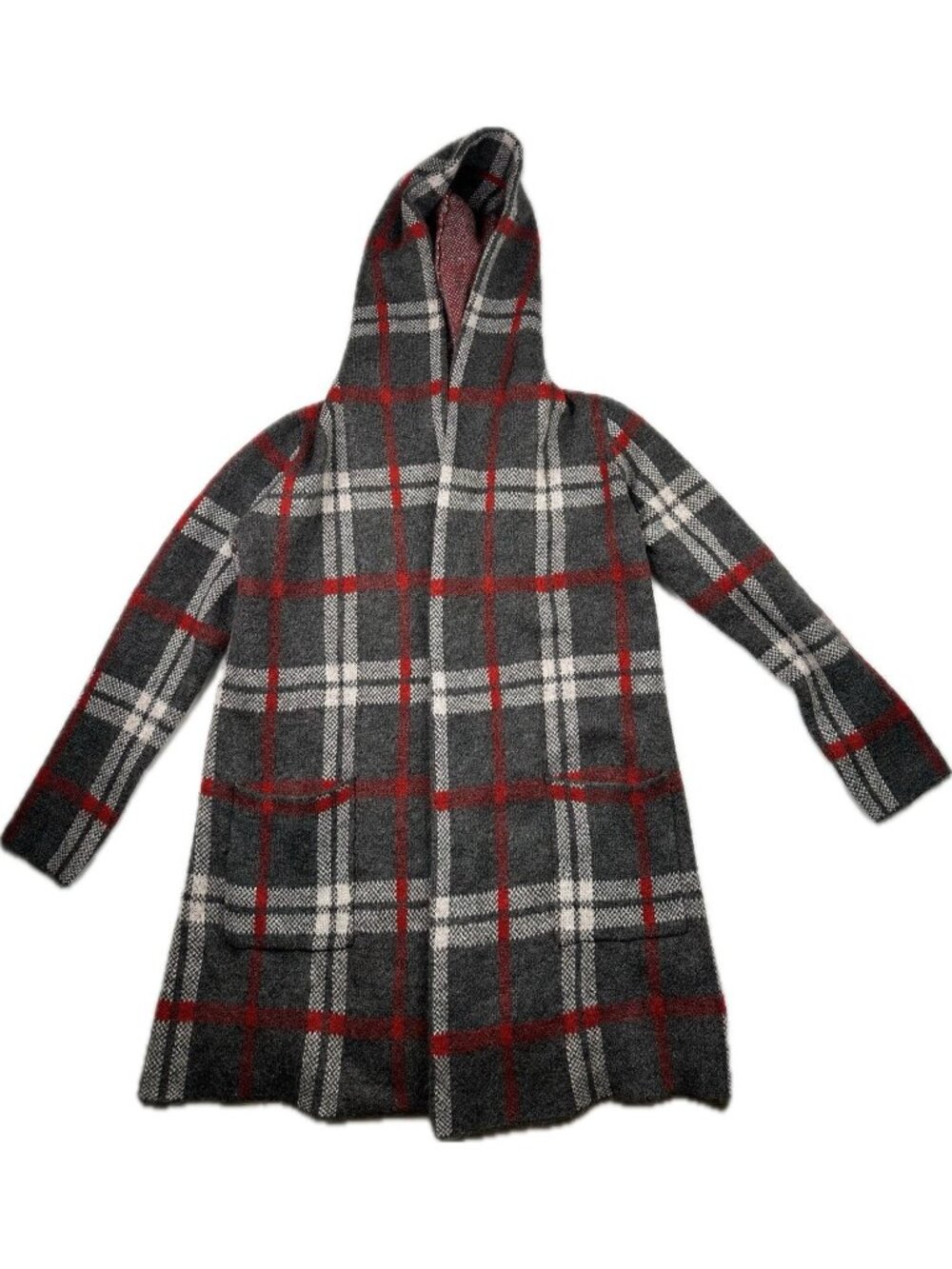Tahari Women Plaid Hood Open Front Cardigan Sweater Gray Red M Wool Heavy